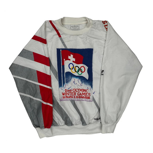80S St Moritz Olympic Winter Games Adidas Graphic Sweatshirt - Small Grey Cotton