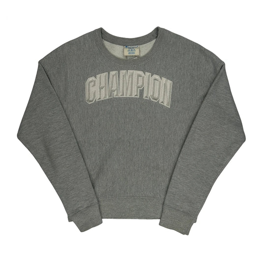 Vintage Reverse Weave Champion Spellout Sweatshirt - Small Grey Cotton Blend