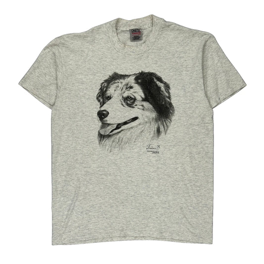 Dog Print Oneita Single Stitch T-Shirt - Large Grey Cotton Blend