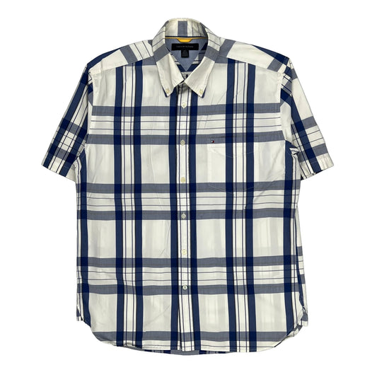 Vintage Tommy Hilfiger Checked Short Sleeve Shirt - Large Blue Cotton