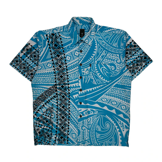 Tapa Graphic Hawaiian Shirt - 3XL Blue Cotton