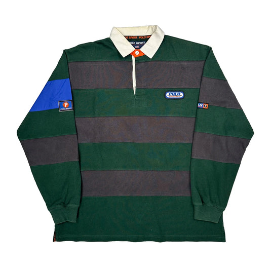Polo Sport Ralph Lauren Striped Rugby Shirt - Large Green Cotton