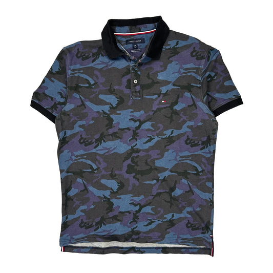 Vintage Tommy Hilfiger Camo Polo Shirt - Large Blue Cotton