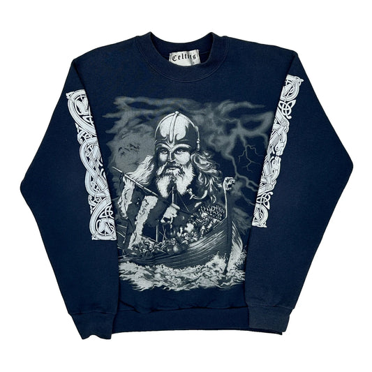 Viking Theme Celtics Graphic Sweatshirt - Small Navy Cotton