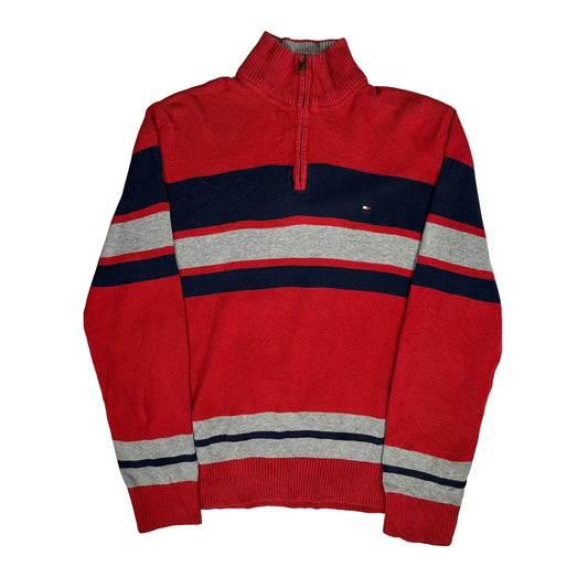 Vintage Tommy Hilfiger Striped 1/4 Zip - Large Red Cotton