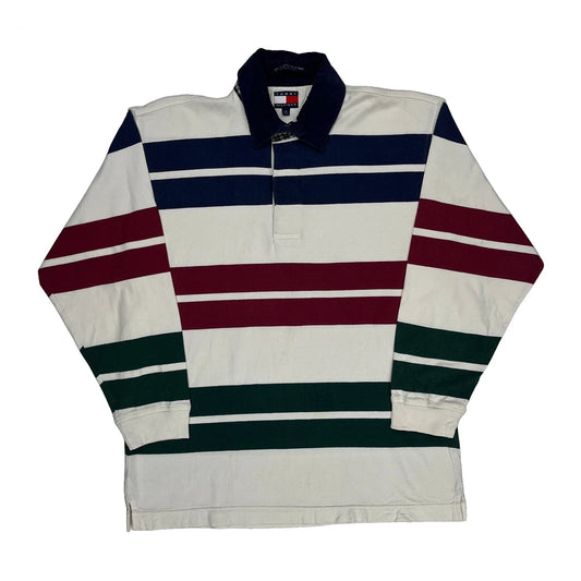 Tommy Hilfiger Striped Rugby Shirt - Medium Cream Cotton