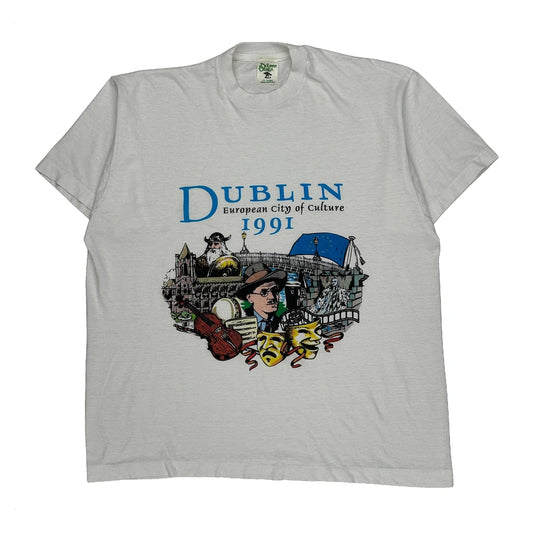 1991 Dublin Dolmen Design Graphic T-Shirt - 2XL White Cotton