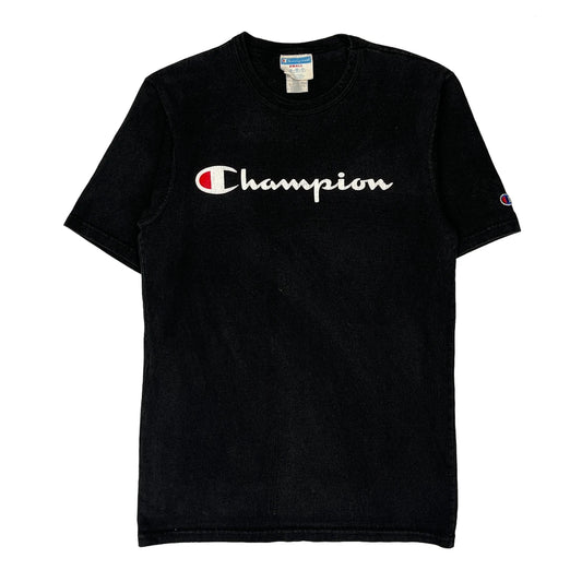 Vintage Champion Spellout T-Shirt - Small Black Cotton