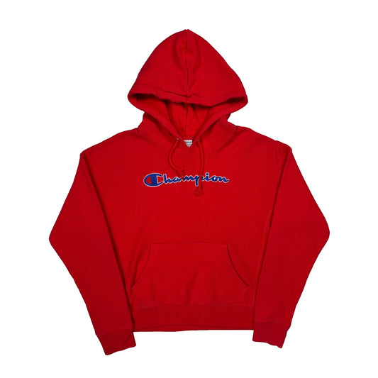 Champion Spellout Hoodie - Large Red Cotton