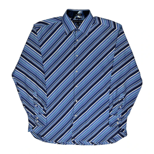 Vintage Tommy Hilfiger Striped Patterned Shirt - Large Blue Polyester