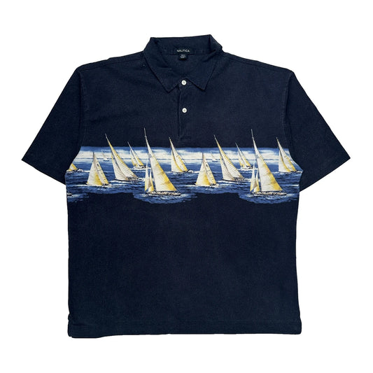 Vintage Sailboat Pattern Nautica Graphic Polo Shirt - 2XL Navy Cotton