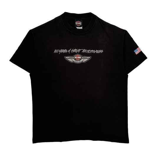 Vintage 100 Years Of Great Motorcycles Harley Davidson Graphic T-Shirt - Large Black Cotton