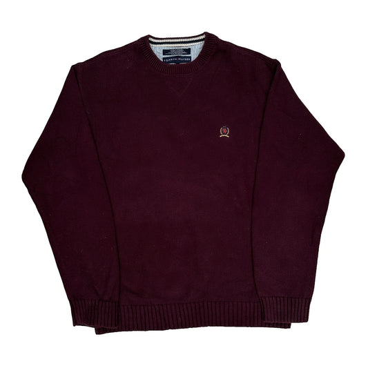 90S Hand Framed Tommy Hilfiger Herringbone Jumper - Large Burgundy Cotton