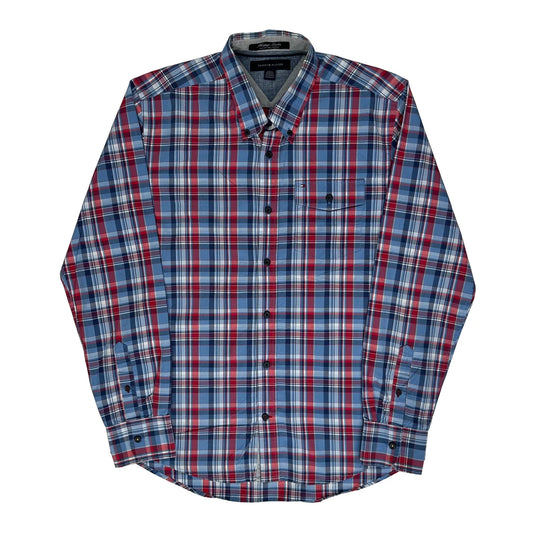 Vintage Tommy Hilfiger Slim Fit Patterned Shirt - Medium Blue Cotton