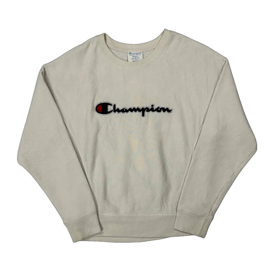 Vintage Reverse Weave Champion Spellout Sweatshirt - Small Cream Cotton