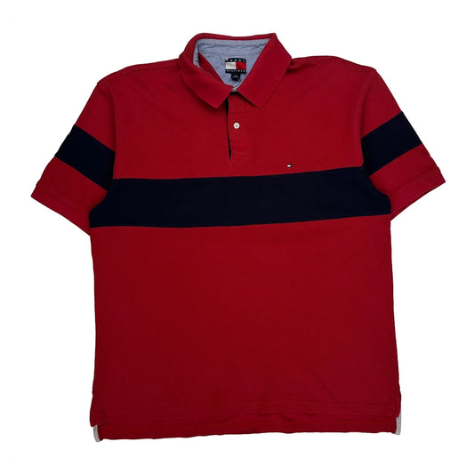 Vintage 90S Tommy Hilfiger Striped Polo Shirt - Large Red Cotton