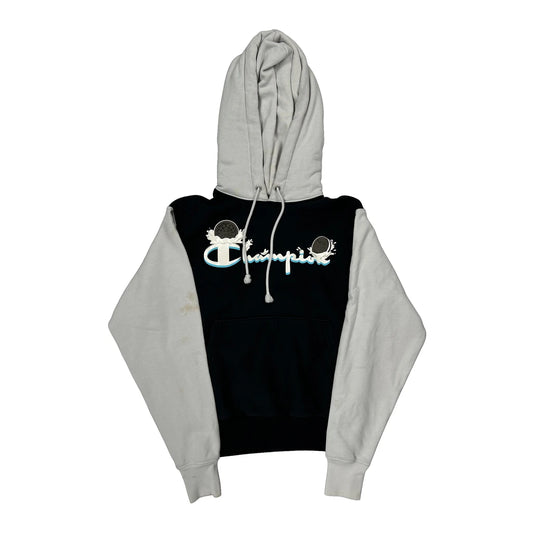 Vintage Champion Spellout Hoodie - Small Black Cotton