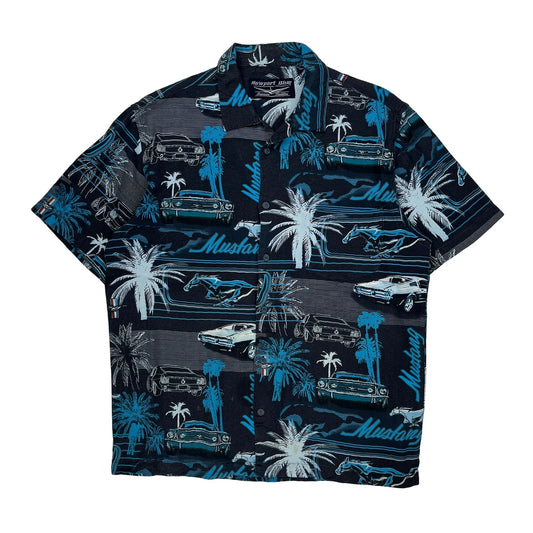 Mustang Newport Blue Graphic Hawaiian Shirt - Large Blue Cotton