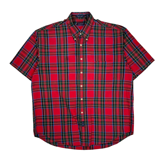 Newport Poplin Gant Checked Short Sleeve Shirt - Large Red Cotton