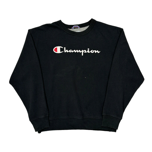 Champion Spellout Sweatshirt - Large Black Cotton