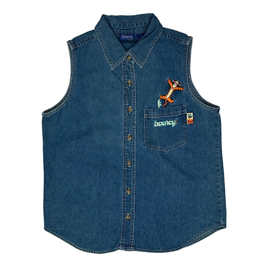 Vintage Disney Vest Cartoon Denim Shirt - Medium Blue Cotton