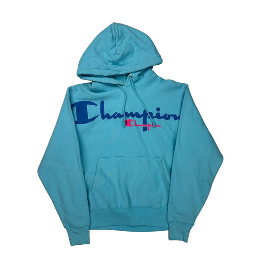 Reverse Weave Champion Spellout Hoodie - Medium Blue Cotton