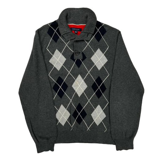 Tommy Hilfiger Argyle Jumper - Large Grey Cotton