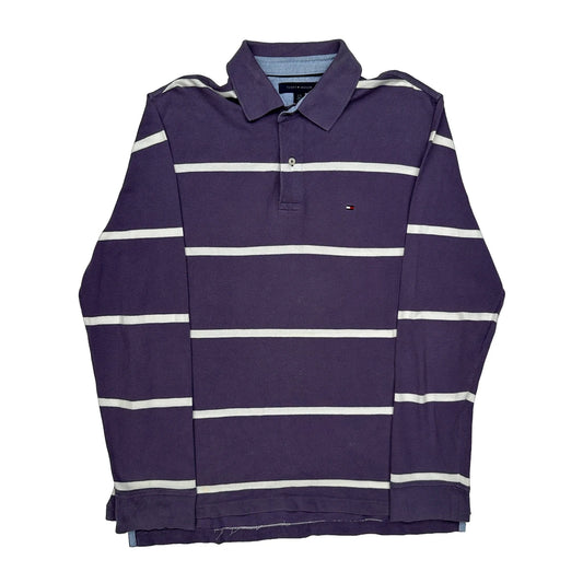 Vintage Tommy Hilfiger Striped Long Sleeve Polo Shirt - Large Purple Cotton
