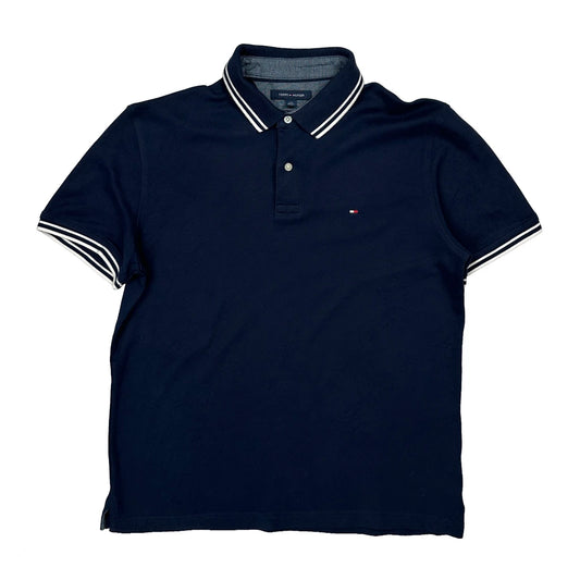 Tommy Hilfiger Striped Polo Shirt - Large Navy Cotton