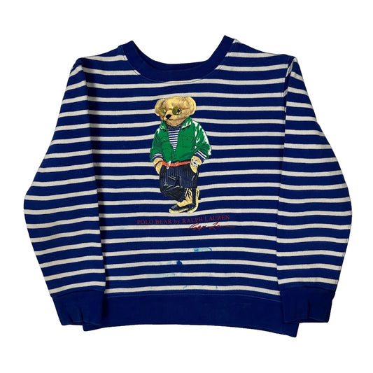Vintage Age 7 Polo Bear Polo By Ralph Lauren Striped Sweatshirt - Medium Blue Cotton