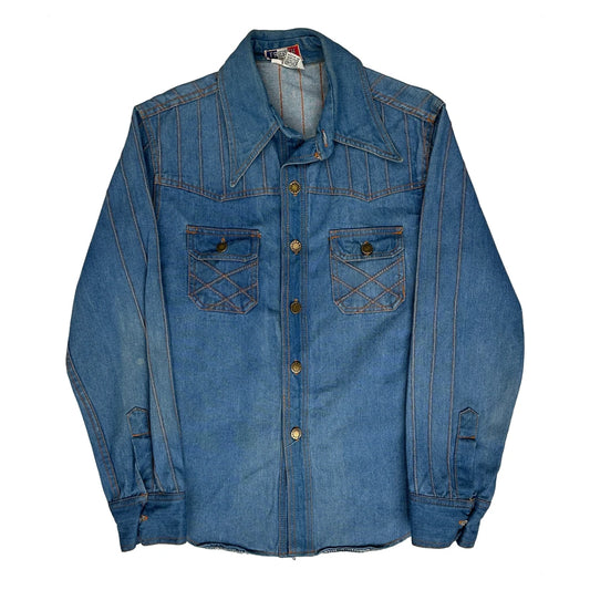 70S French Star Striped Denim Shirt - Medium Light Wash Denim