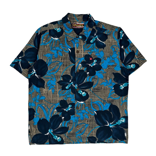 Quiksilver Floral Hawaiian Shirt - Medium Blue Cotton