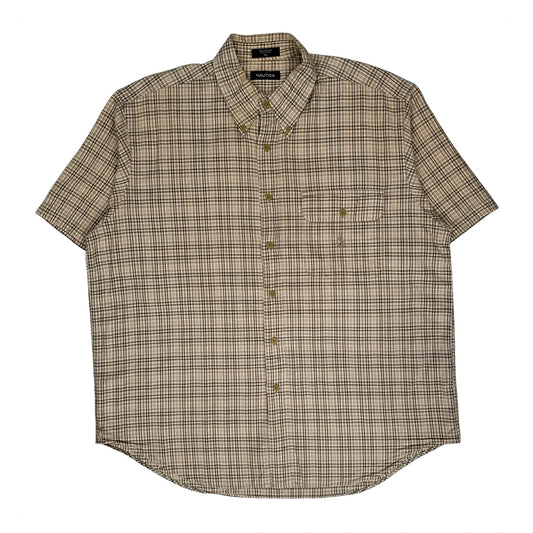 Nautica Checked Short Sleeve Shirt - XL Beige Cotton