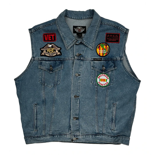 Motorcycle Patches Harley Davidson Graphic Denim Gilet - XL Blue Cotton
