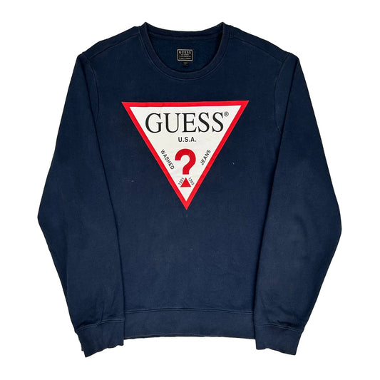 Vintage Guess Graphic Sweatshirt - Large Navy Cotton Blend