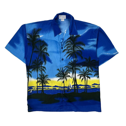 Palm Tree And Sailboat Print Fitswell Graphic Hawaiian Shirt - Large Blue Silk Blend