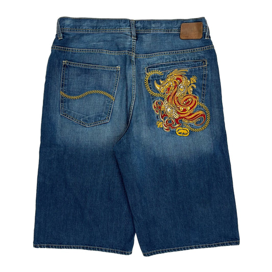 Vintage Dragon Embroidery Schmidt Baggy Graphic Denim Shorts - 38W 13L Blue Cotton