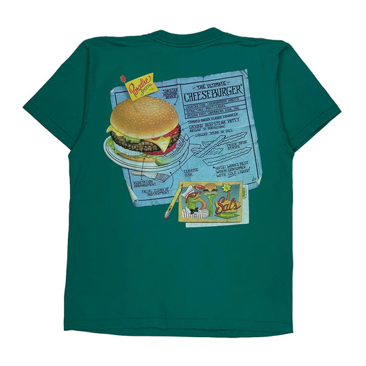 Cheeseburger Design Caribbean Sea Single Stitch T-Shirt - Large Green Cotton