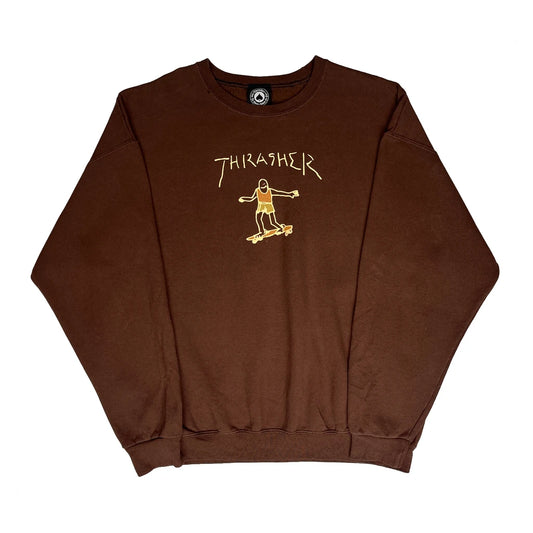 Skate Graphic Thrasher Spellout Sweatshirt - XL Brown Cotton Blend