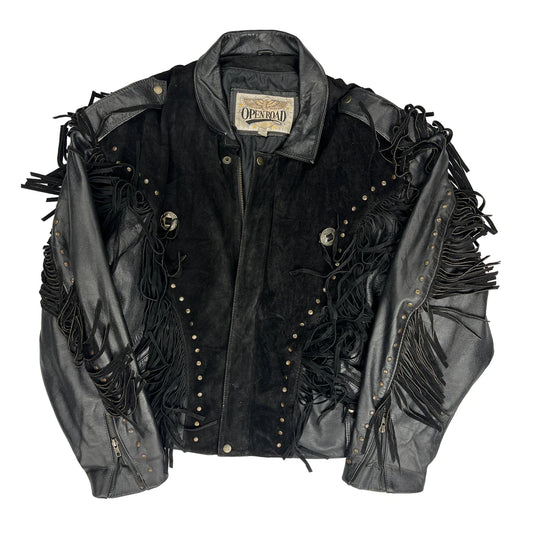 Vintage Fringe Open Road Suede Jacket - XL Black Leather