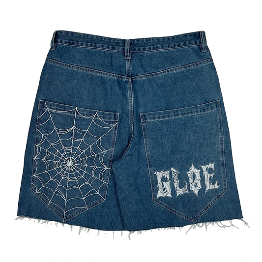 Spider Web Gloe Baggy Graphic Denim Shorts - 36W 11L Blue Denim