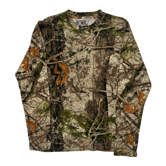 Vintage Hunting Zone Camo Long Sleeve T-Shirt - Medium Khaki Cotton