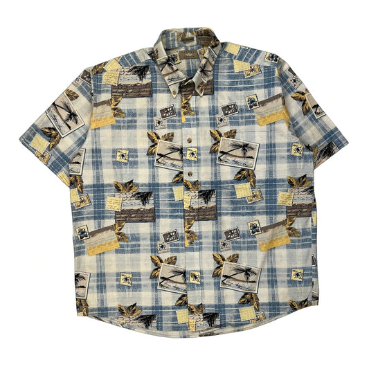 Natural Issue Checked Hawaiian Shirt - Large Blue Cotton