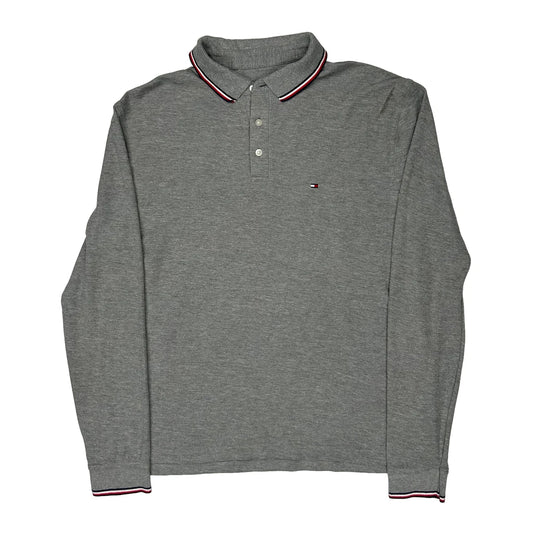 Tommy Hilfiger Striped Long Sleeve Polo Shirt - Large Grey Cotton