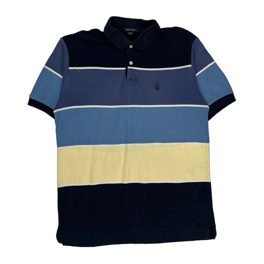 Nautica Striped Polo Shirt - Medium Blue Cotton
