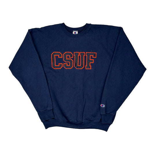 Vintage Csuf Champion College Sweatshirt - Large Navy Cotton Blend