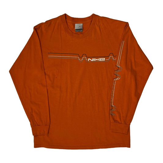 Vintage Made In USA Nike Graphic Long Sleeve T-Shirt - Medium Orange Cotton