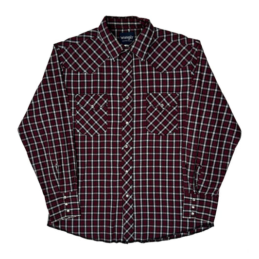 Wrangler Checked Flannel Shirt - Large Burgundy Cotton Blend