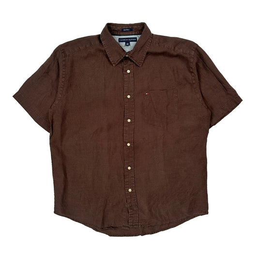 Vintage Tommy Hilfiger Short Sleeve Shirt - Large Brown Linen