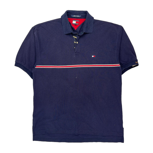 Tommy Hilfiger Striped Polo Shirt - Large Navy Cotton